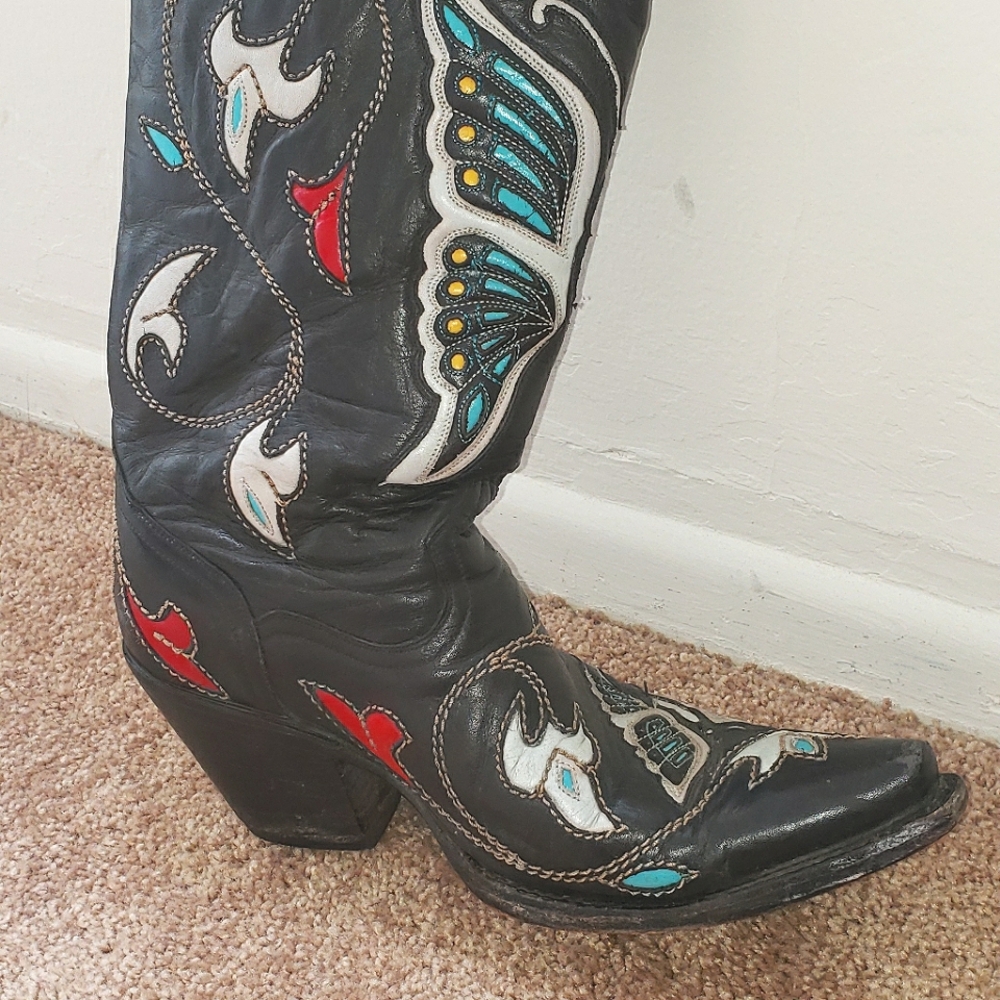 Corral Cowboy Boots-Black leather with Colorful Butterfly inlay, Size 5.5